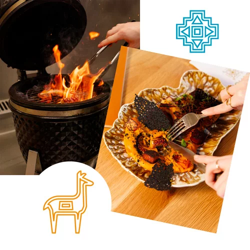 Tentacule de poulpe braisé au barbecue japonais, accompagné de mousseline de patates douces et chorizo, plat savoureux et coloré.
