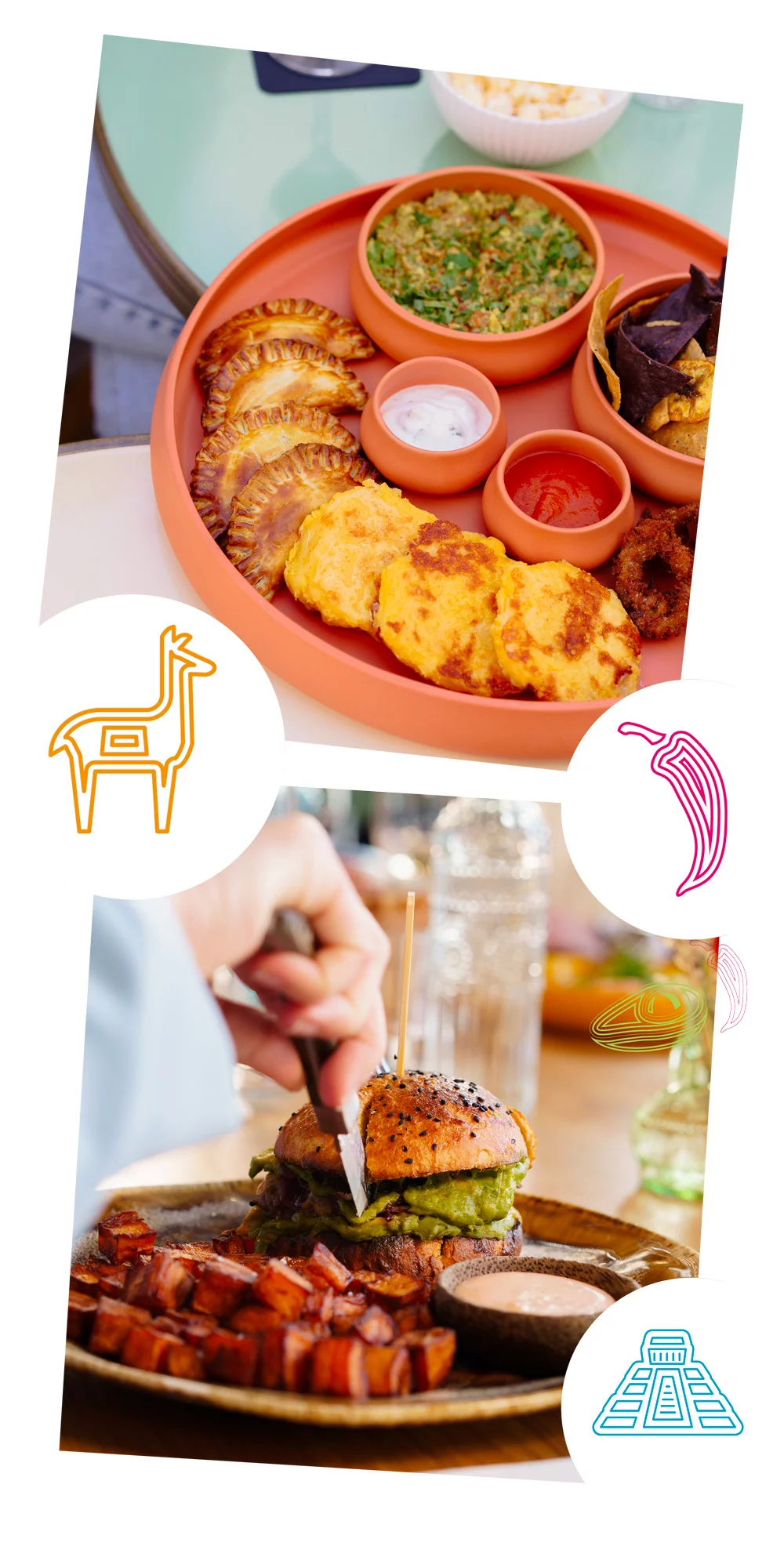 En haut, planche à partager avec guacamole, arepas, empanadas et calamars frits ; en bas, Burger de la Casa avec bun de maïs maison, steak de bœuf Charolais 150 g, guacamole, cheddar maturé, compotée d’oignons et patatas bravas.